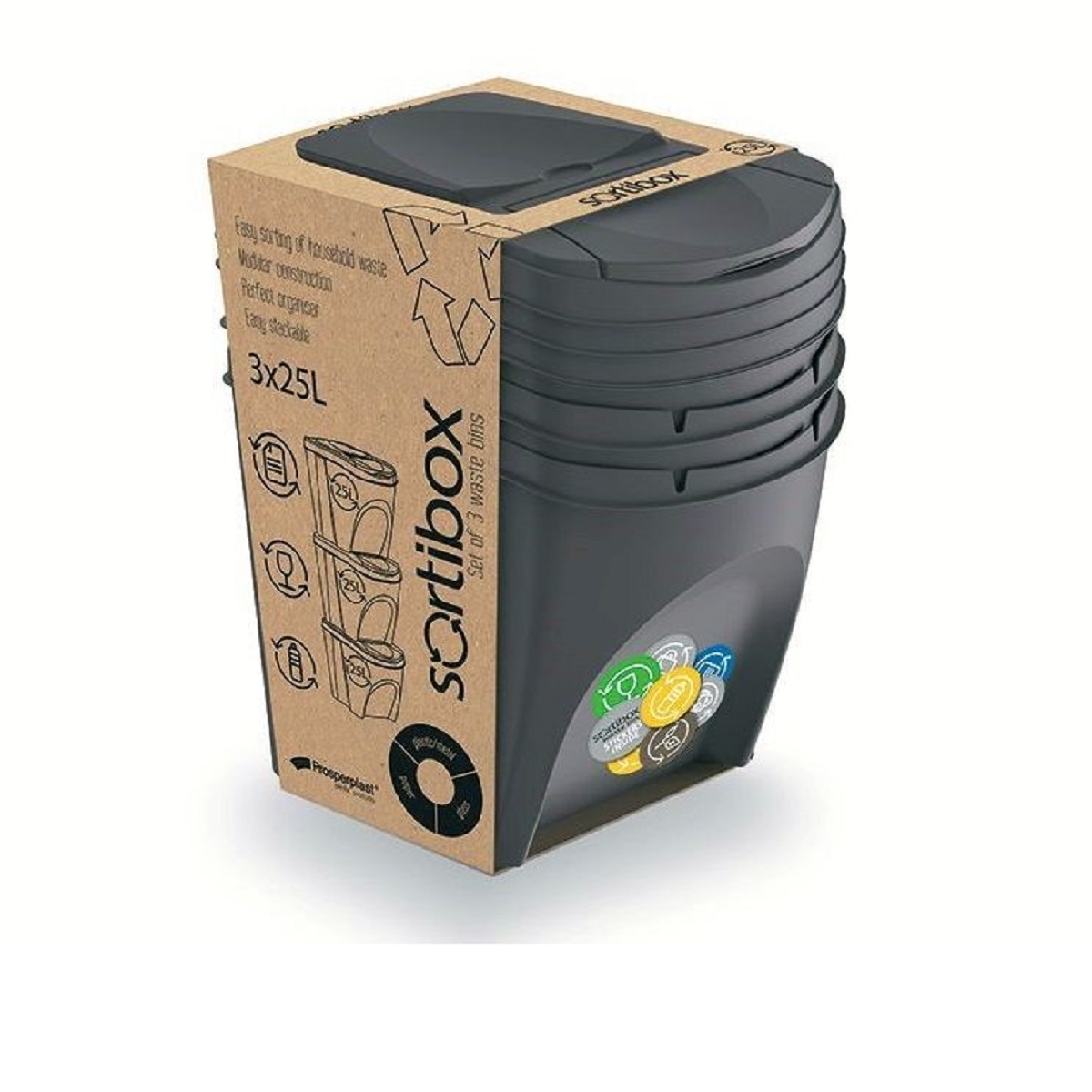Sada odpadkových košů SORTIBOX, 3x25l