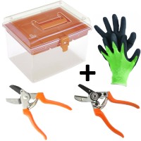 Průhledný box na nářadí + zahradní rukavice a 2x zahradní nůžky
